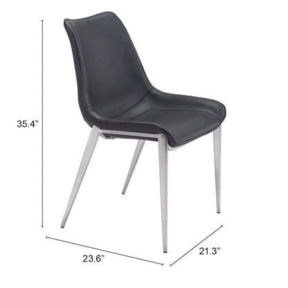 Dining Chairs Set of 2, Black Faux Leather, Silver Steel Legs