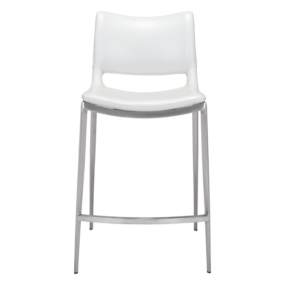 Counter Stools Set of 2, White Faux Leather, Silver Steel Legs