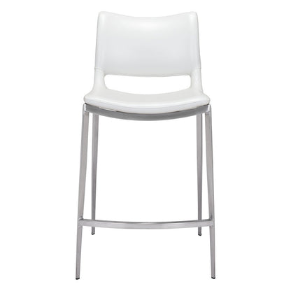 Counter Stools Set of 2, White Faux Leather, Silver Steel Legs