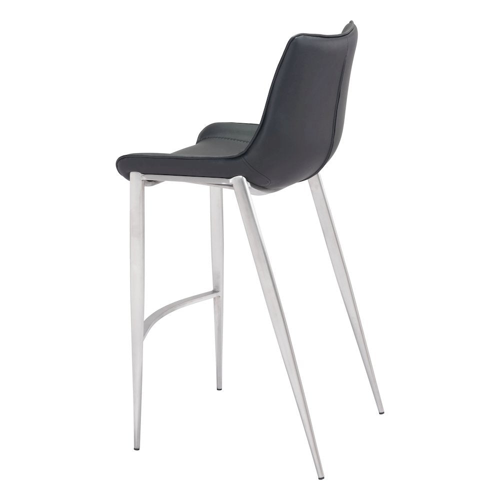 Bar Stools Set of 2, Black Faux Leather, Silver Brushed Steel
