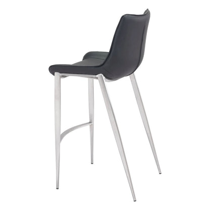 Bar Stools Set of 2, Black Faux Leather, Silver Brushed Steel