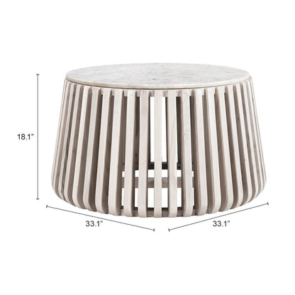 Coffee Table, White Marble, Round Top, Acacia Wood Base