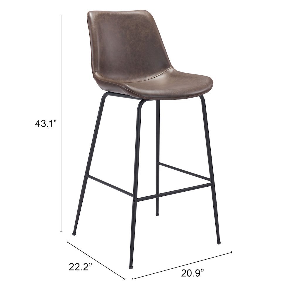 Bar Stool, Brown Faux Leather, Steel Legs, Ergonomic Footrest