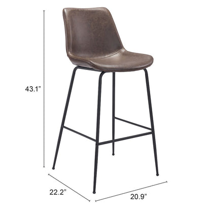 Bar Stool, Brown Faux Leather, Steel Legs, Ergonomic Footrest