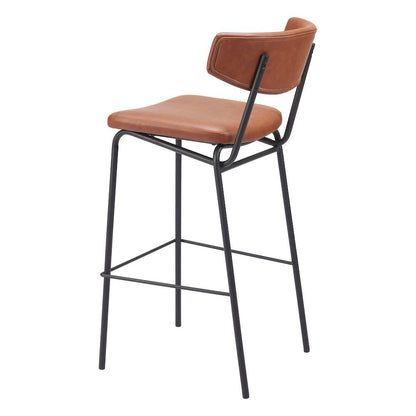 Bar Stools Set of 2, Vintage Brown Faux Leather, Steel Legs