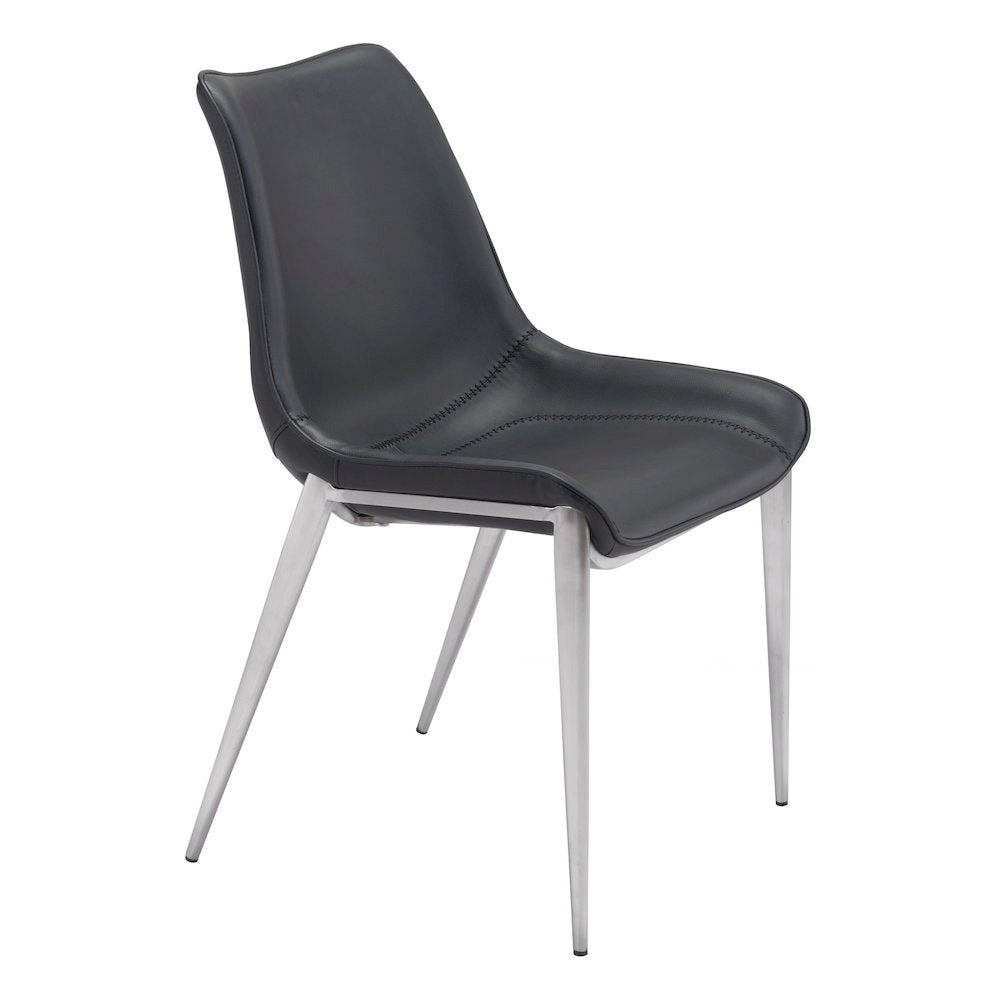 Dining Chairs Set of 2, Black Faux Leather, Silver Steel Legs