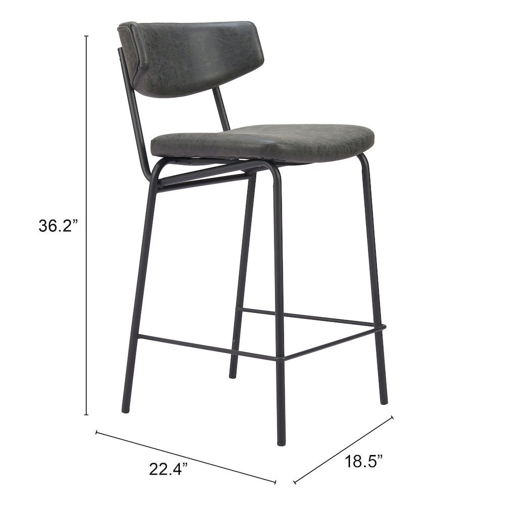 Counter Stools Set of 2, Vintage Black Faux Leather, Steel Legs