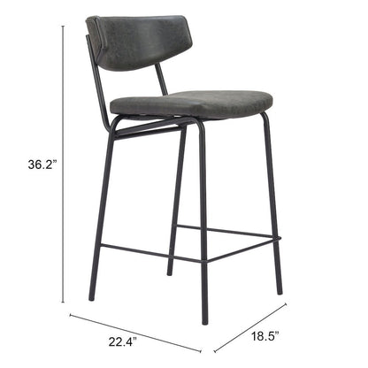 Counter Stools Set of 2, Vintage Black Faux Leather, Steel Legs