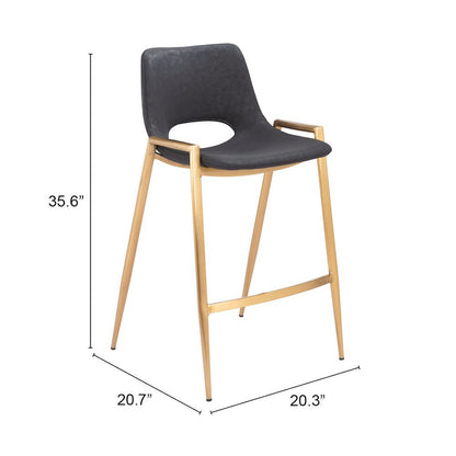 Counter Stools Set of 2, Black Faux Leather, Electroplated Gold Legs