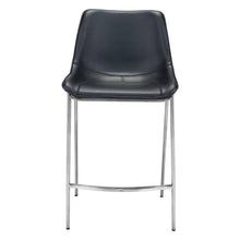 Counter Stools Set of 2, Black Faux Leather, Silver Steel Legs