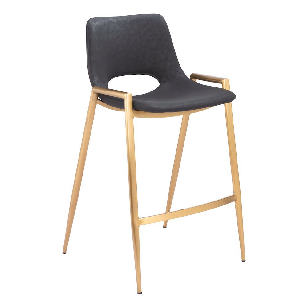 Counter Stools Set of 2, Black Faux Leather, Electroplated Gold Legs