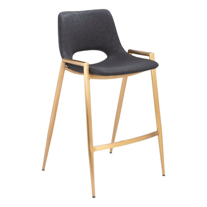 Counter Stools Set of 2, Black Faux Leather, Electroplated Gold Legs