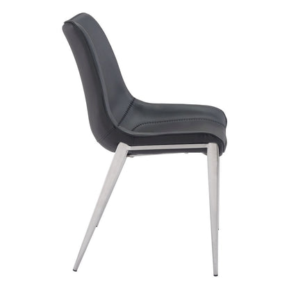 Dining Chairs Set of 2, Black Faux Leather, Silver Steel Legs