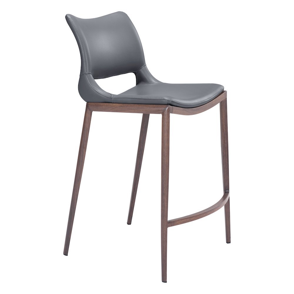 Counter Stools Set of 2, Dark Gray Faux Leather, Faux Wood Steel Legs