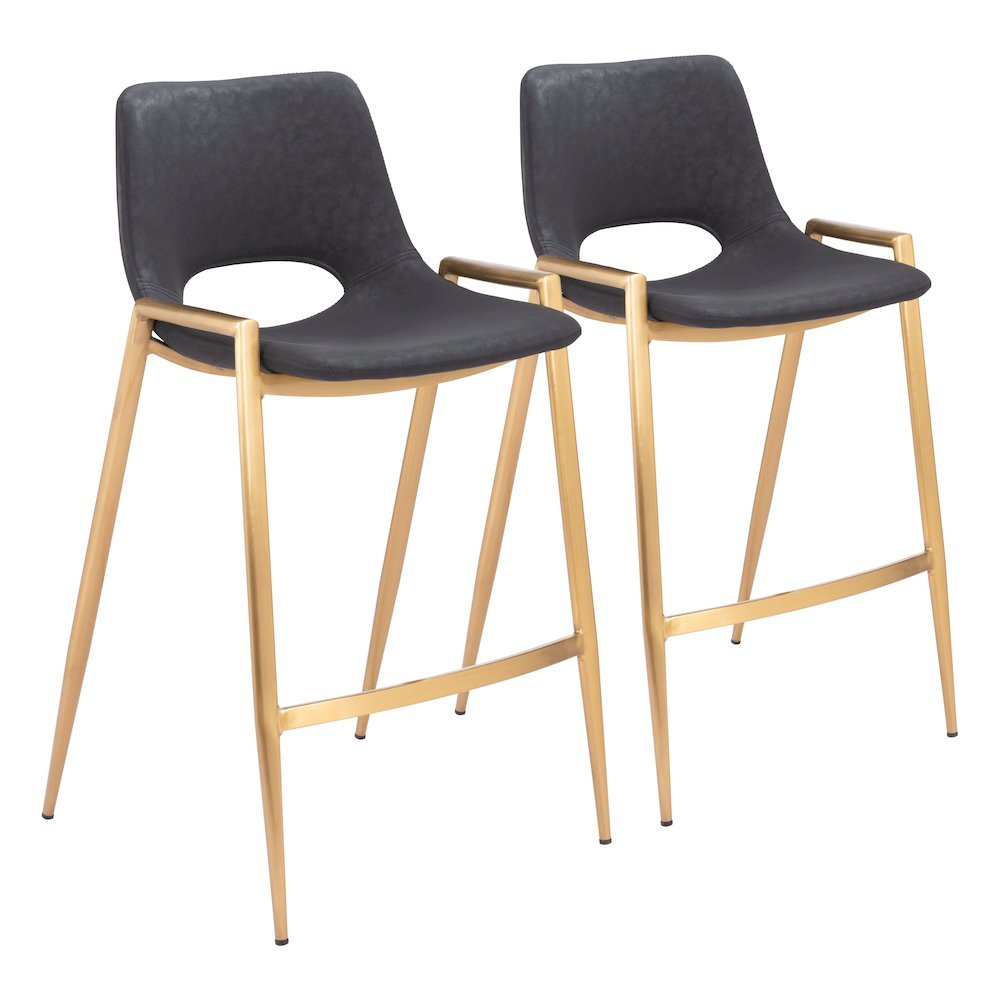 Counter Stools Set of 2, Black Faux Leather, Electroplated Gold Legs