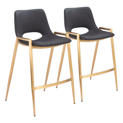 Counter Stools Set of 2, Black Faux Leather, Electroplated Gold Legs