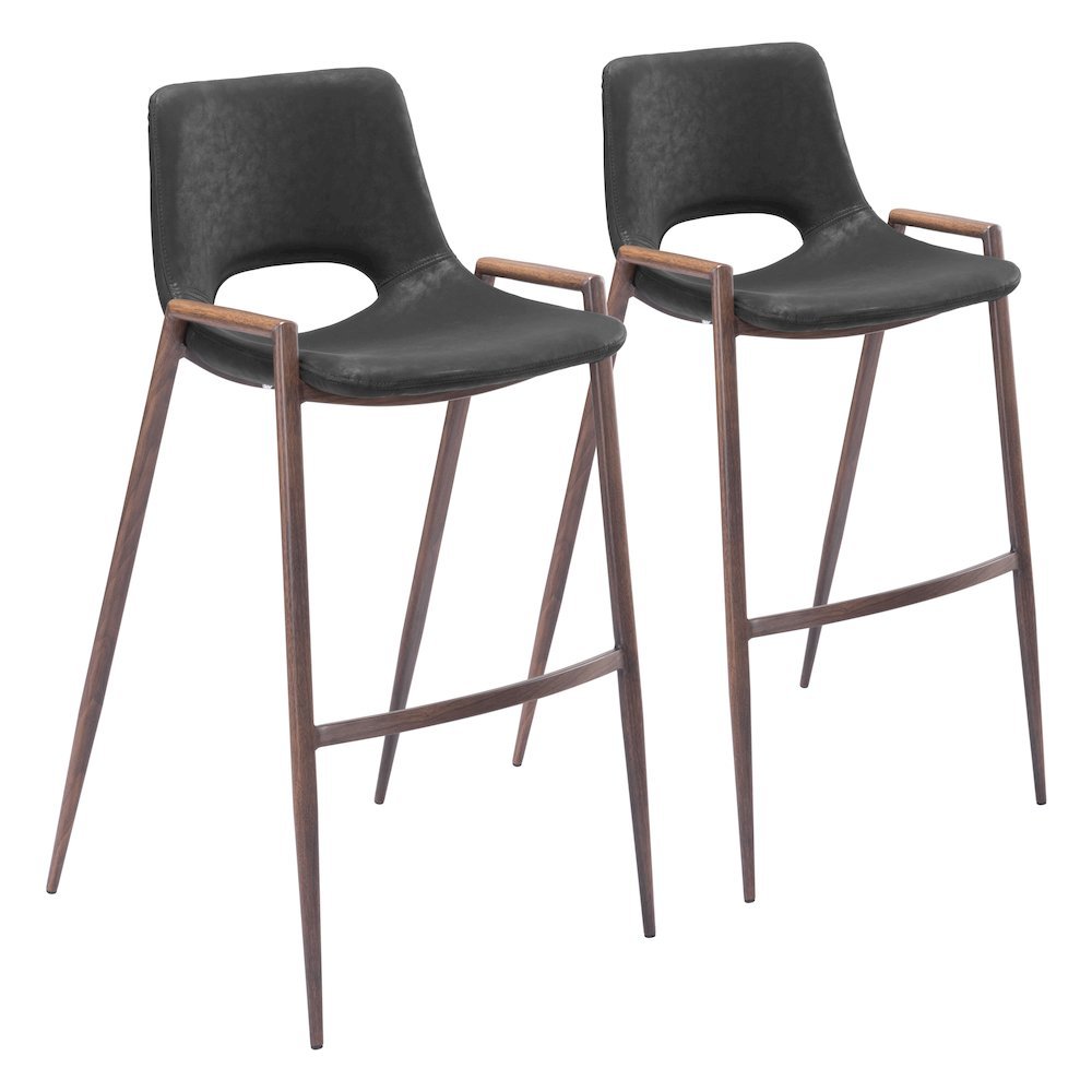 Bar Stools Set of 2, Black Faux Leather, Faux Wood Steel Legs