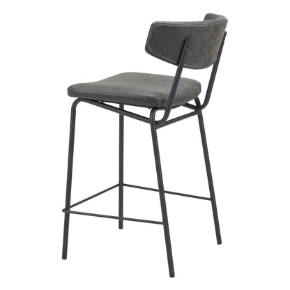 Counter Stools Set of 2, Vintage Black Faux Leather, Steel Legs