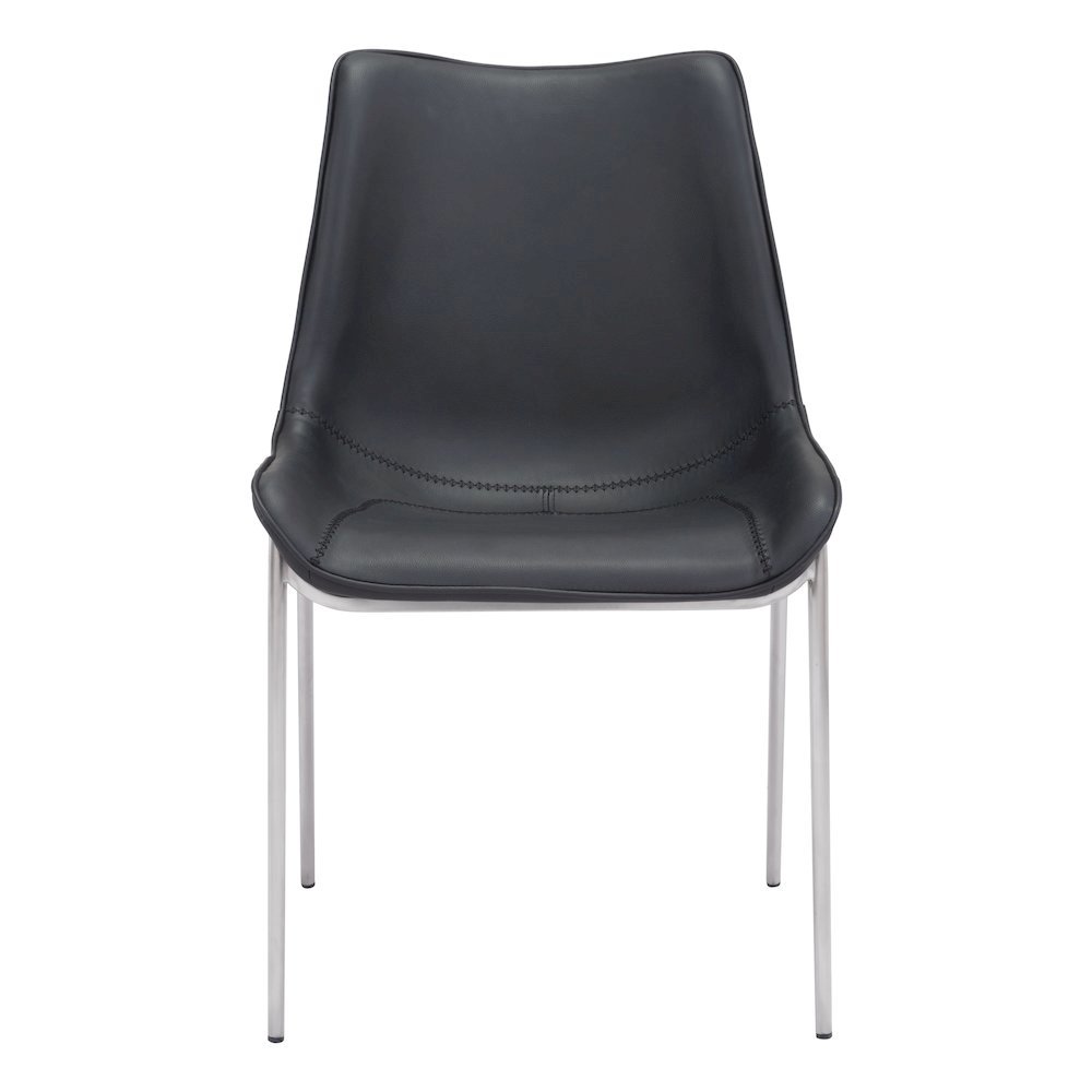 Dining Chairs Set of 2, Black Faux Leather, Silver Steel Legs