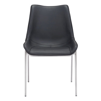 Dining Chairs Set of 2, Black Faux Leather, Silver Steel Legs