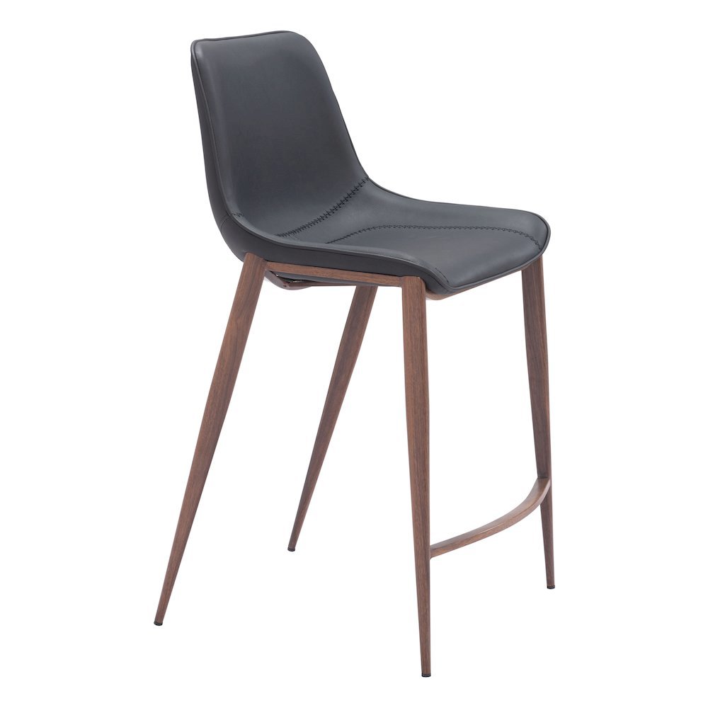 Counter Stools Set of 2, Black Faux Leather, Faux Wood Steel Legs