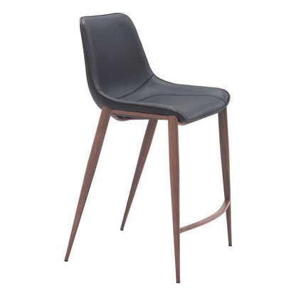 Counter Stools Set of 2, Black Faux Leather, Faux Wood Steel Legs