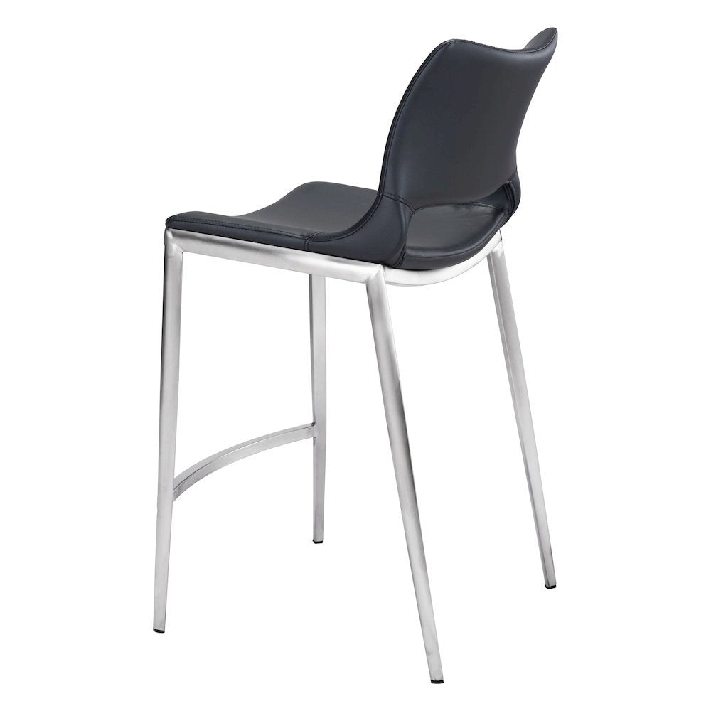 Counter Stools Set of 2, Black Faux Leather, Silver Steel Legs