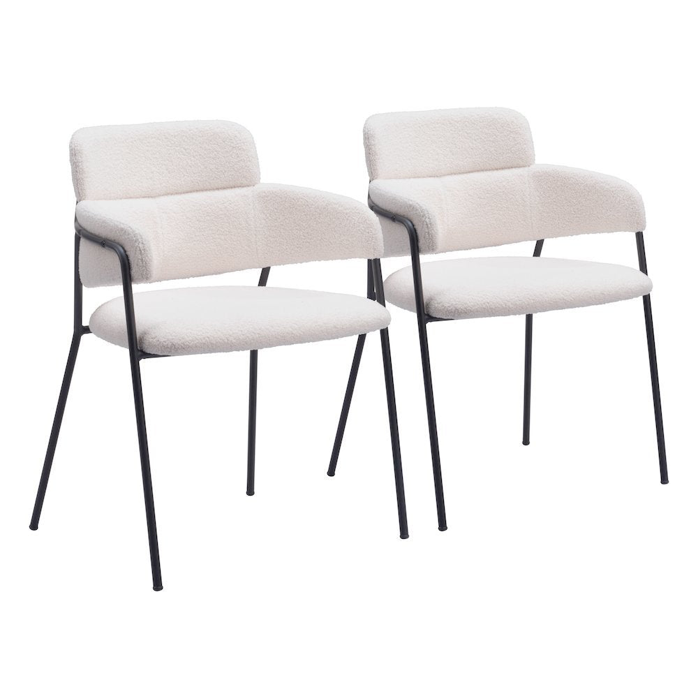 Dining Chairs Set of 2, Cream Shearling Style Fabric, Steel Legs
