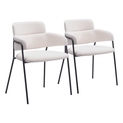 Dining Chairs Set of 2, Cream Shearling Style Fabric, Steel Legs