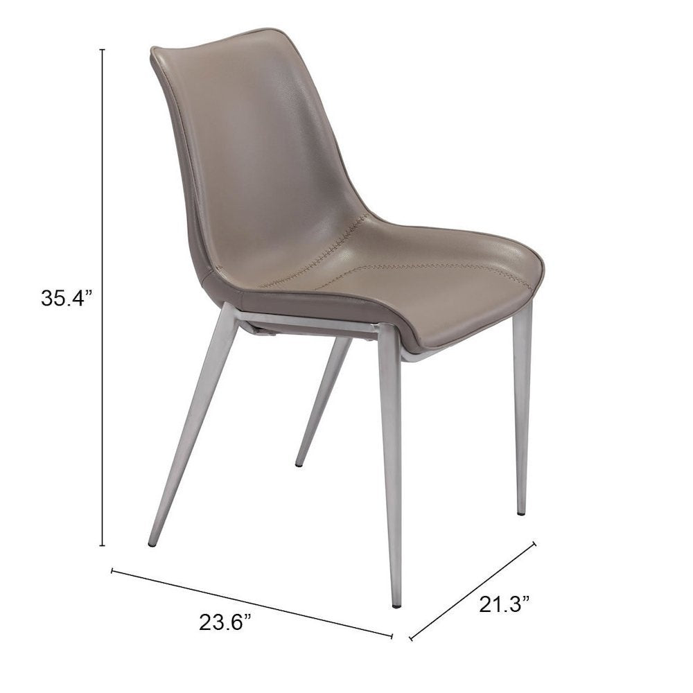 Dining Chairs Set of 2, Brown Faux Leather, Silver Steel Legs