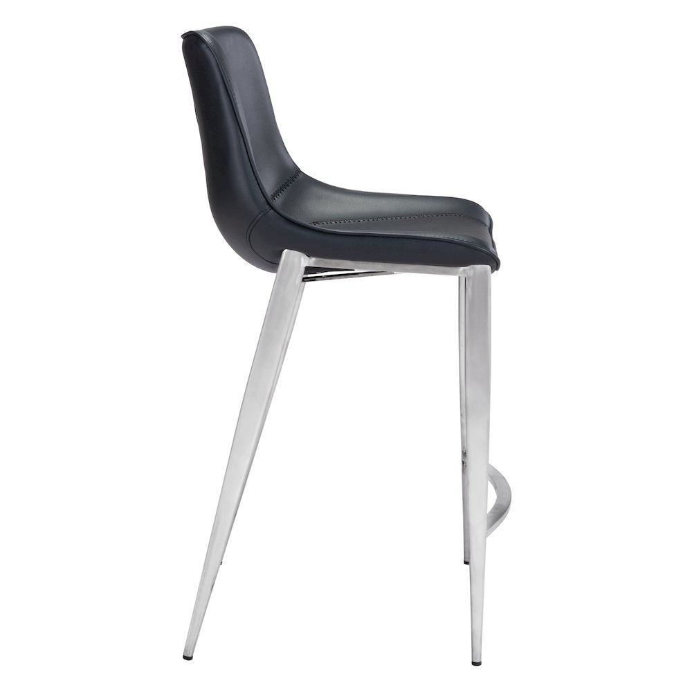 Counter Stools Set of 2, Black Faux Leather, Silver Steel Legs