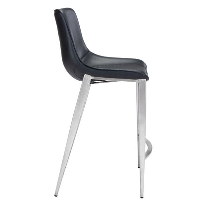 Counter Stools Set of 2, Black Faux Leather, Silver Steel Legs