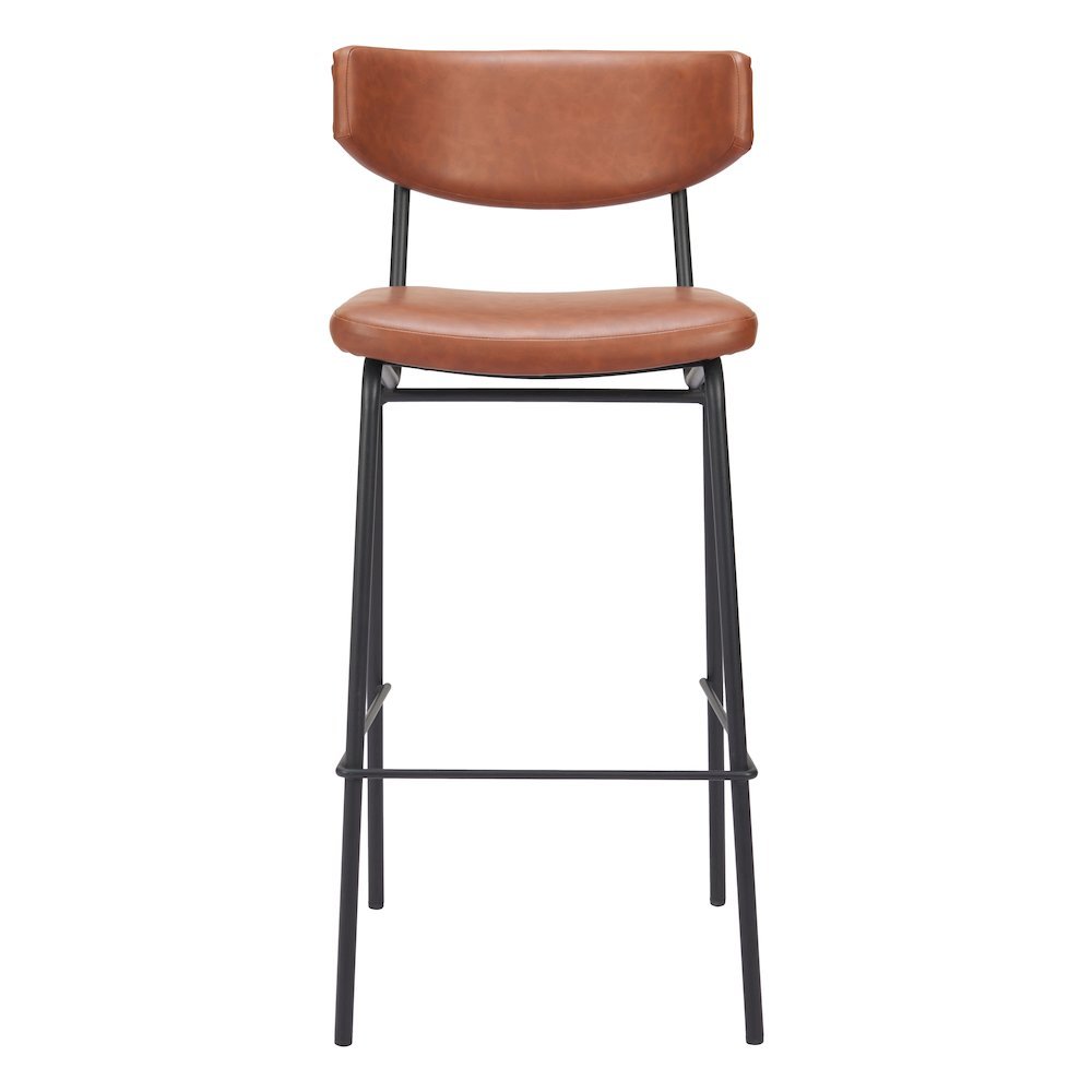 Bar Stools Set of 2, Vintage Brown Faux Leather, Steel Legs