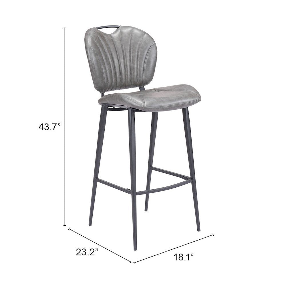 Bar Stool, Vintage Gray Faux Leather, Tufted, Steel Legs