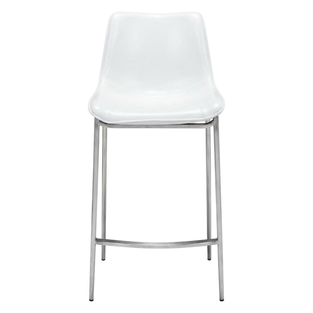 White Counter Chairs Set of 2 with Brushed Stainless Accents, Modern Design