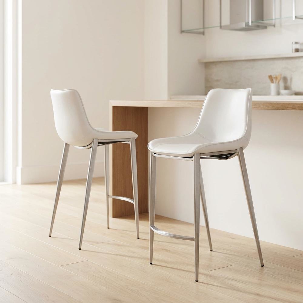 White Counter Chairs Set of 2 with Brushed Stainless Accents, Modern Design