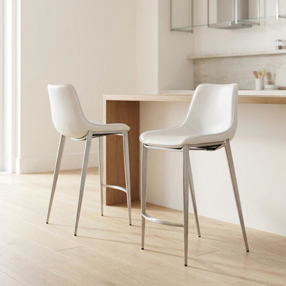White Counter Chairs Set of 2 with Brushed Stainless Accents, Modern Design