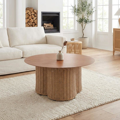 Brown Round Coffee Table with Aluminum Top and Polyethylene Frame Modern Style
