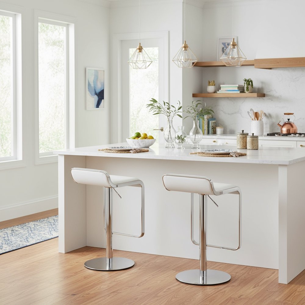 White Bar Stool, Faux Leather, Adjustable Height, Swivel