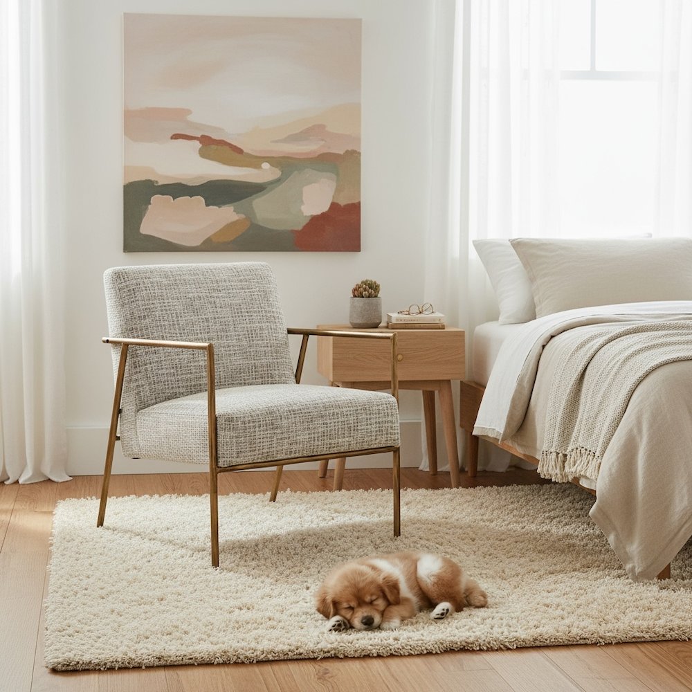 Accent Chair, Beige Frost Fabric, Forged Steel Legs