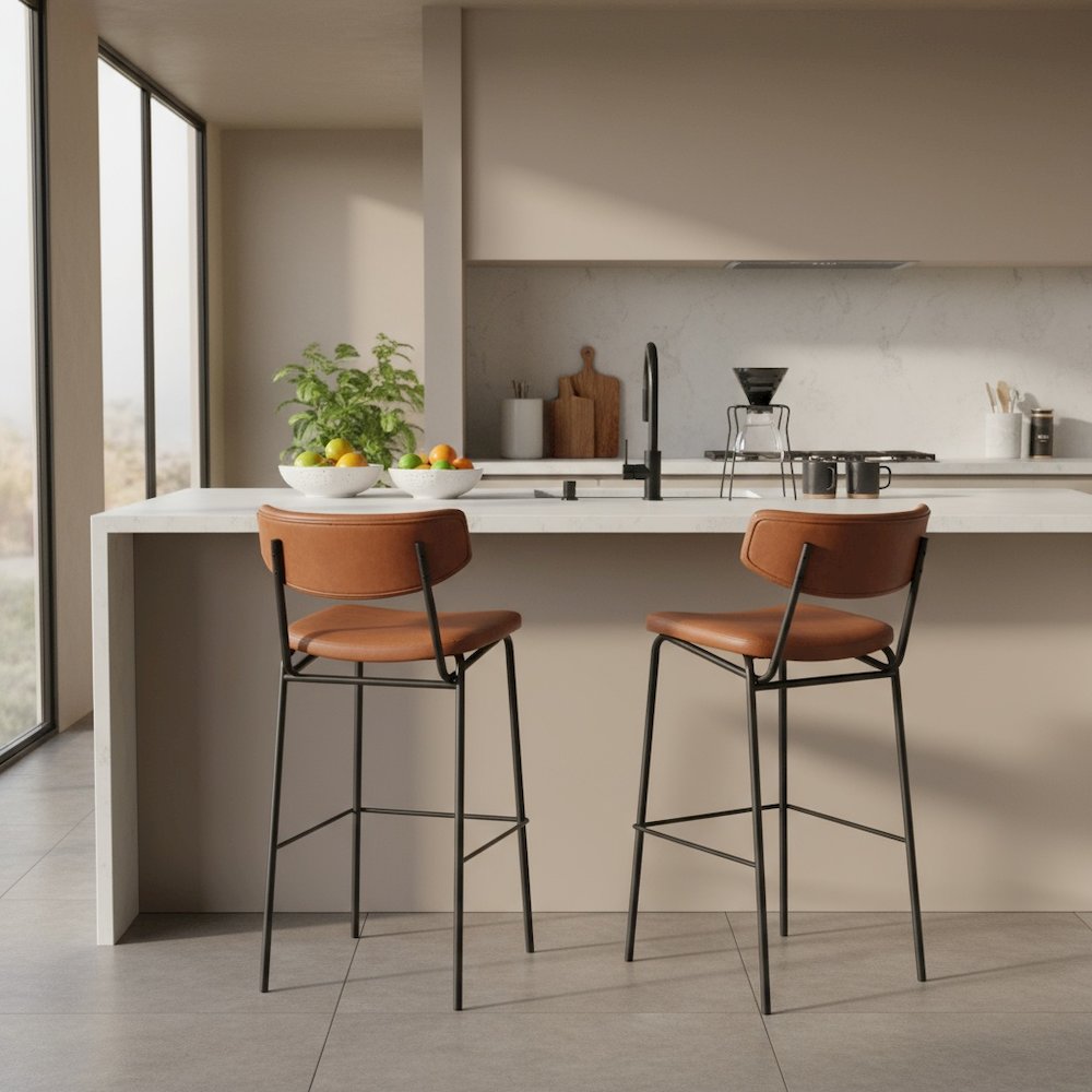 Bar Stools Set of 2, Vintage Brown Faux Leather, Steel Legs