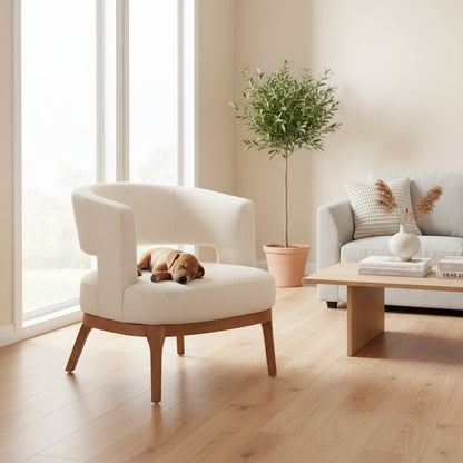 Accent Chair, Beige Polyester Fabric, Solid Ash Wood Legs