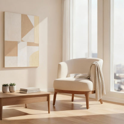 Accent Chair, Beige Polyester Fabric, Solid Ash Wood Legs