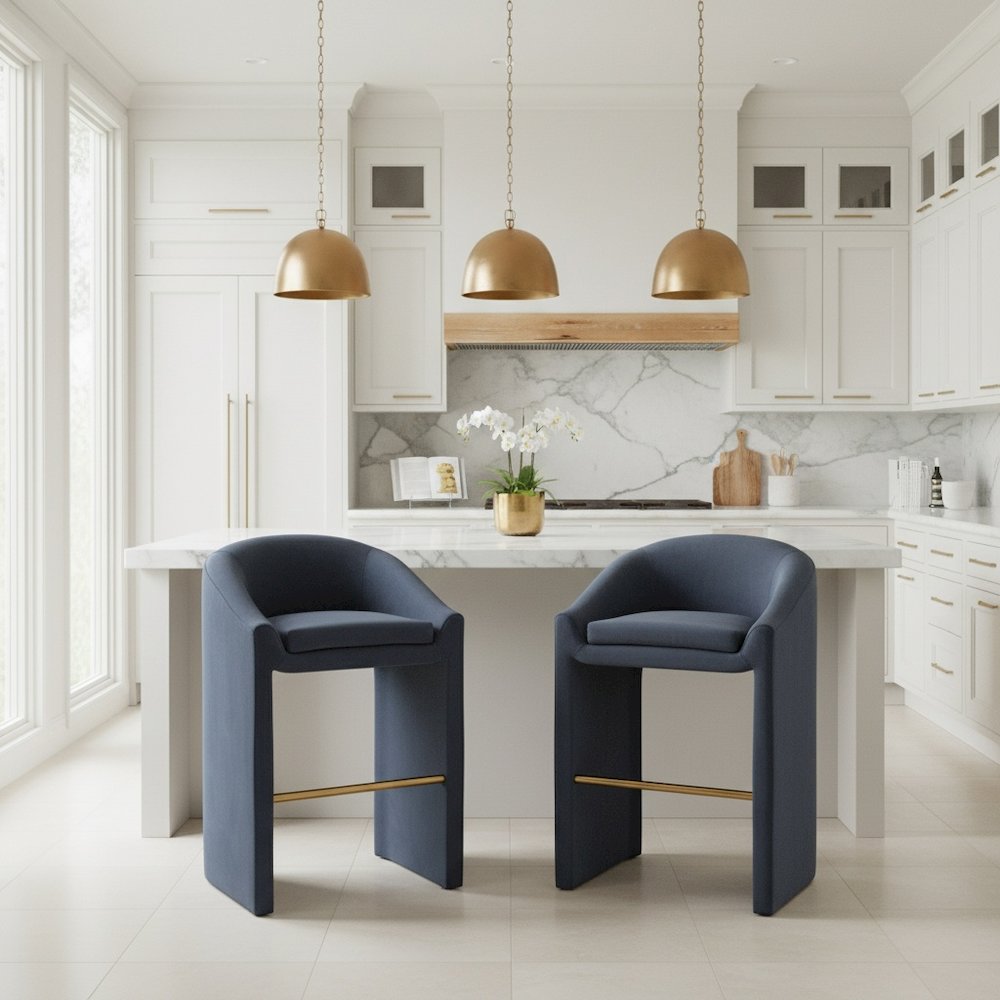 Bar Stool, Midnight Gray Velvet, Plywood Legs, Ergonomic Footrest
