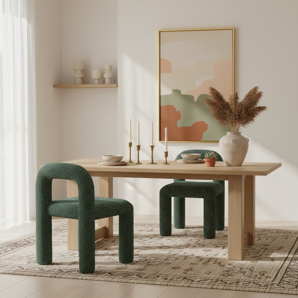 Dining Chairs Set of 2, Snowy Green Fabric, Poplar Wood Legs