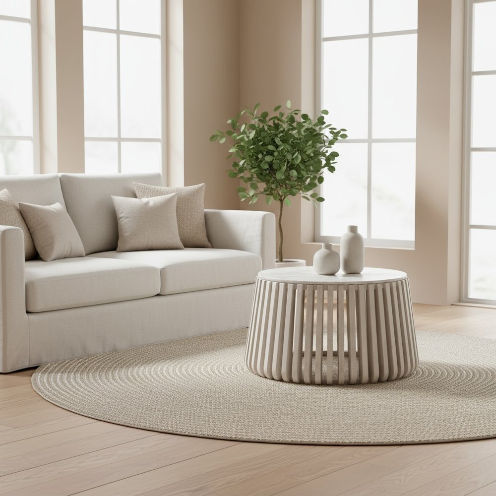Coffee Table, White Marble, Round Top, Acacia Wood Base