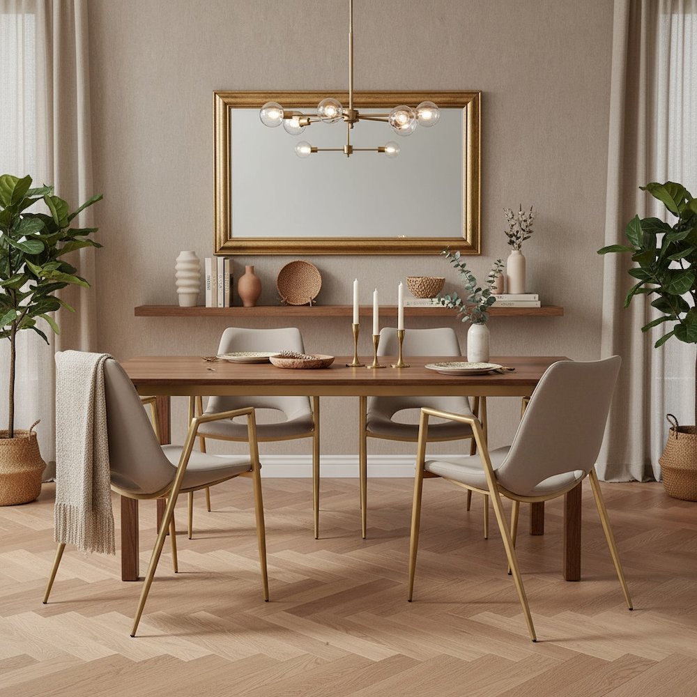 Dining Chairs Set of 2, Beige Faux Leather, Electroplated Gold Legs