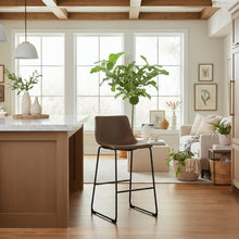 Bar Stools Set of 2, Vintage Espresso Faux Leather, Steel Legs
