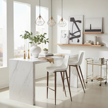 Bar Stools Set of 2, White Faux Leather, Faux Wood Steel Legs