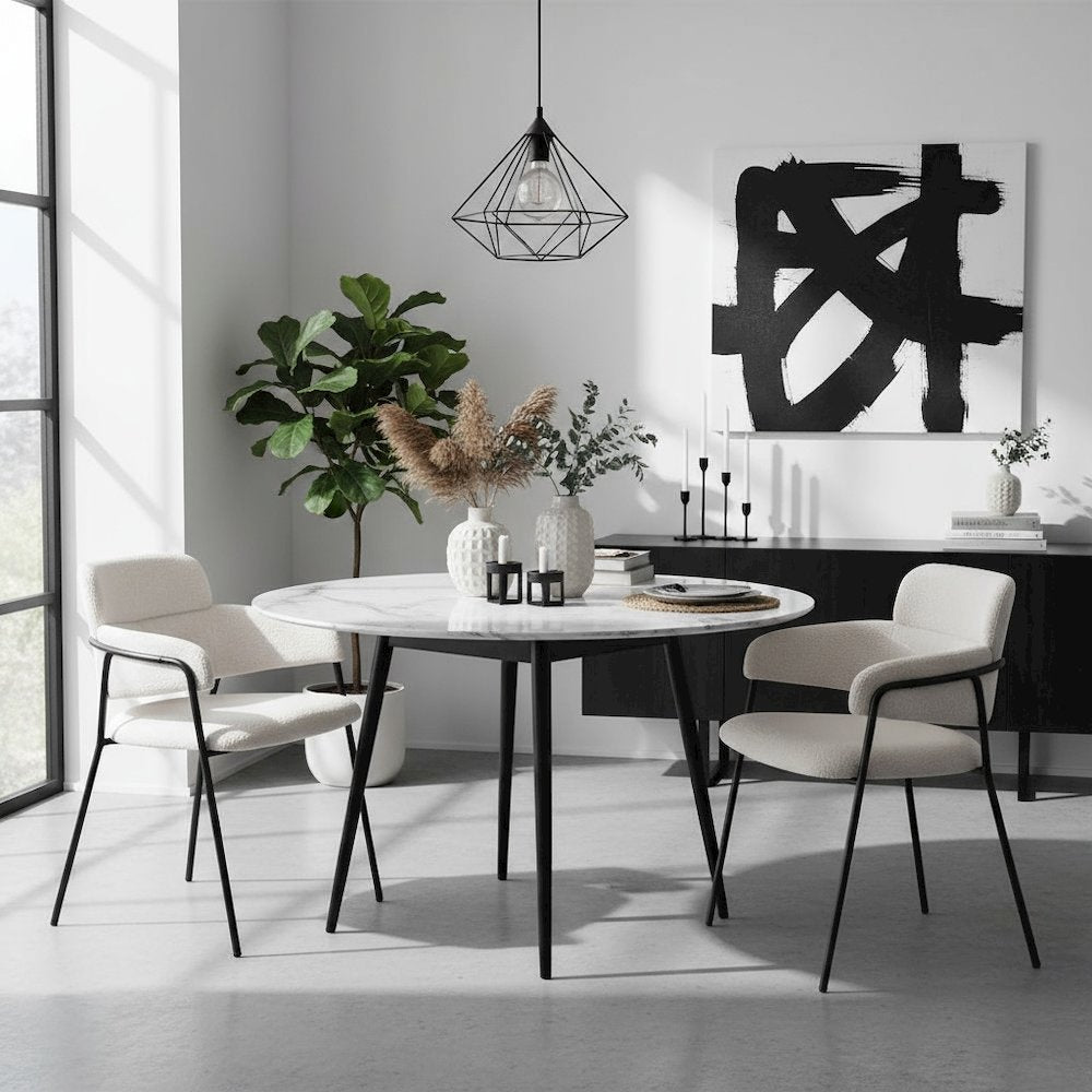 Dining Chairs Set of 2, Cream Shearling Style Fabric, Steel Legs